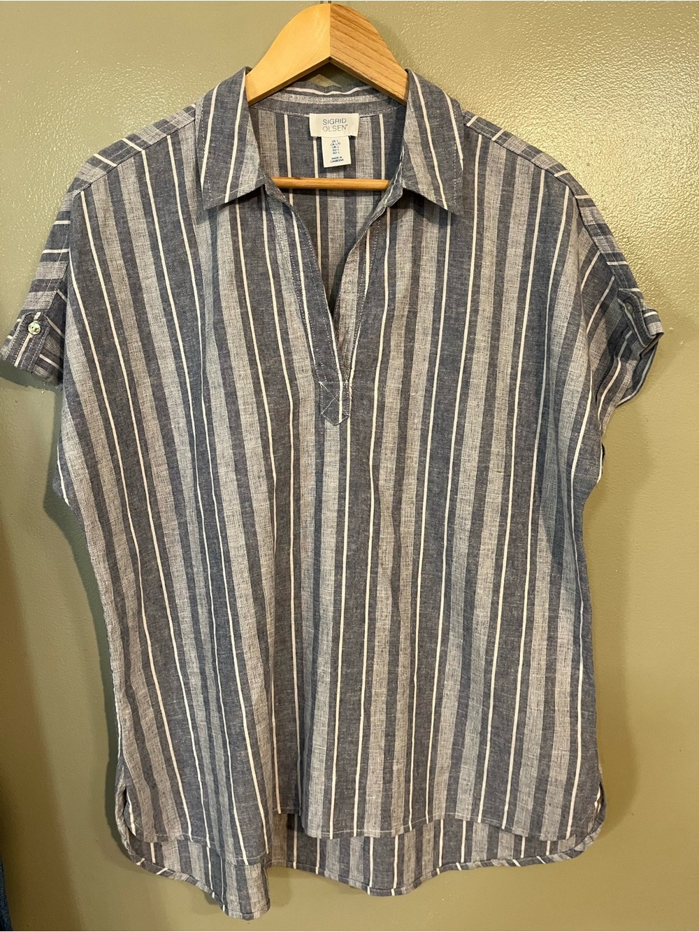 Sigrid Olsen Womens Blue Stripe Shirt Linen Blend Boxy Fit L